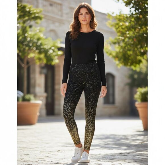 Unbranded Pants - NEW Womens Black and Gold Confetti Leggings Holiday Party One Size Stretch Ankle